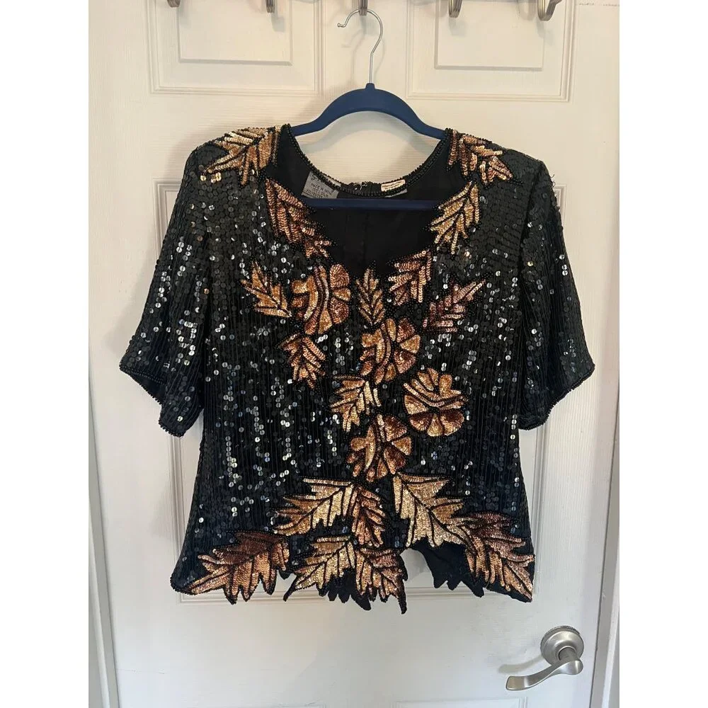 Vintage 80's Stenay Short Sleeve Sequin Floral 100% Silk Formal Blouse Size XL - Picture 5 of 9